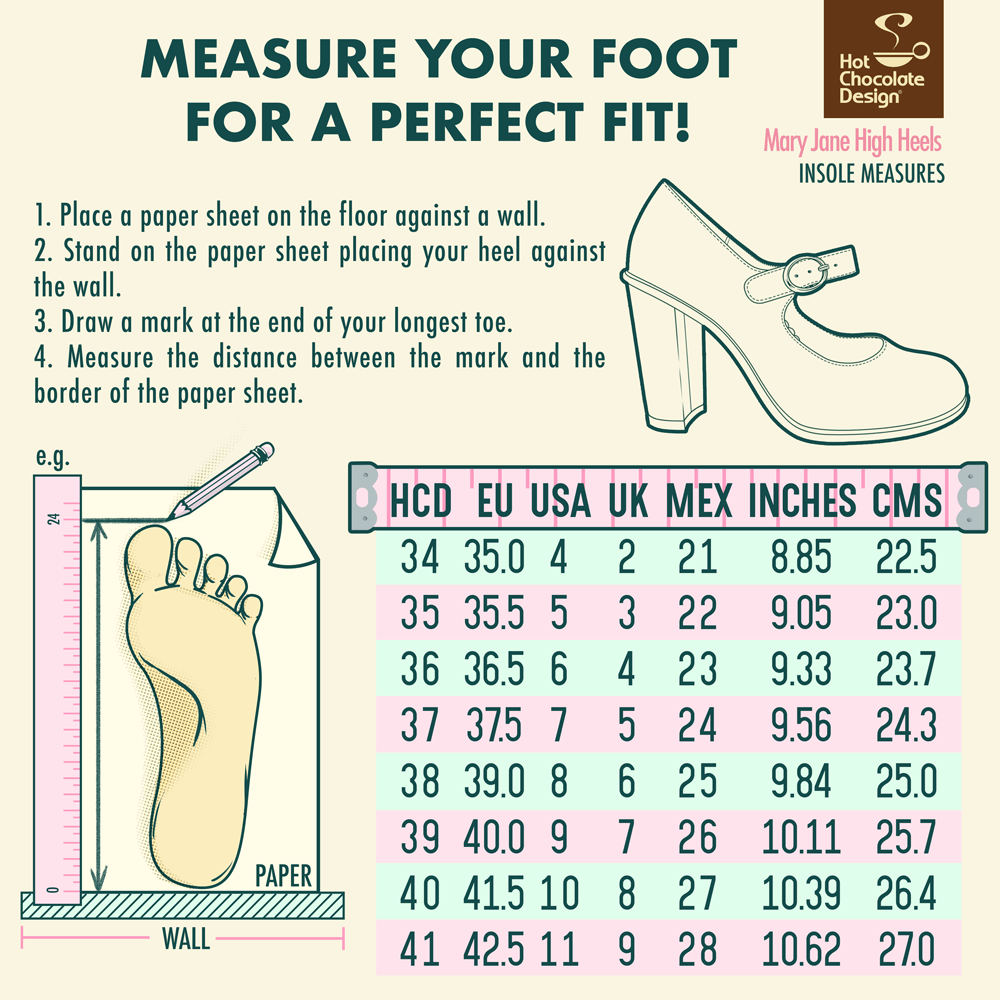 Chocolaticas® High Heels Lingerie Women's Mary Jane Pump size chart